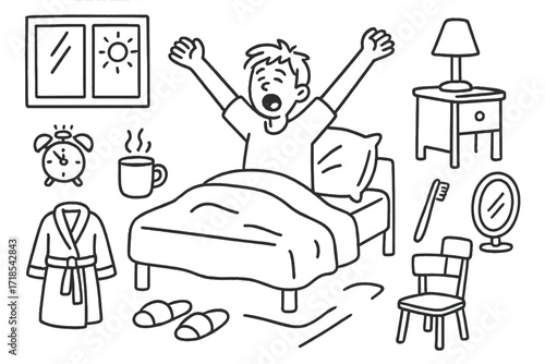 Morning Stretch Doodle. Stretching arms after waking up. Hand-drawn doodle illustration stretching arms after waking up person yawning, bed, pillow, blanket,