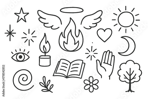 Spiritual Awakening Symbols. Hand-drawn doodle illustration Spiritual awakening flame, wings, halo, heart, spark, star, sun, moon, flower, eye, swirl, candle,