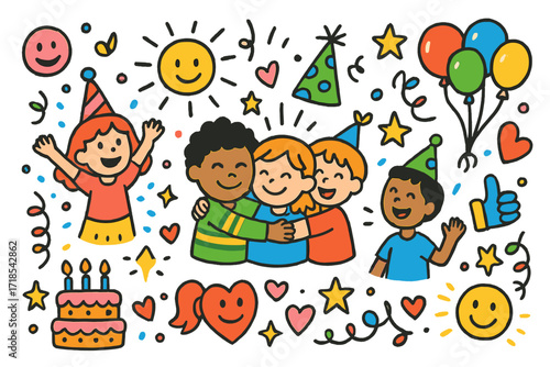 Joyful Celebration Doodles. Colorful Hand-drawn doodle Children illustration Celebration hug balloons, confetti, cake, cheering friends, hugging group, party