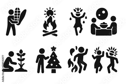 Ancient Festival Icons. Solid, filled icon set of old belief festivals: harvest festival, solstice bonfire, rain dance, full moon feast, spring ritual, winter