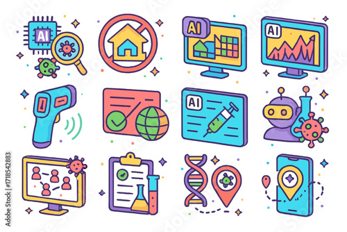 AI Diagnostics Icon Set. Colorful isometric vector icons set of AI diagnostics for infectious diseases: virus scanner AI, smart quarantine alert, AI risk