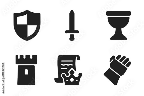 Feudal Symbols Icons. Solid, filled icon set of feudal symbols: coat of arms, crown, sword, chalice, castle tower, parchment, crown jewels, knight?s gauntlet.
