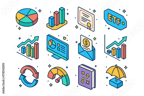 Colorful Investment Icons. Colorful isometric vector icons set of investment portfolio elements: diversified pie chart, asset allocation, stock certificate,
