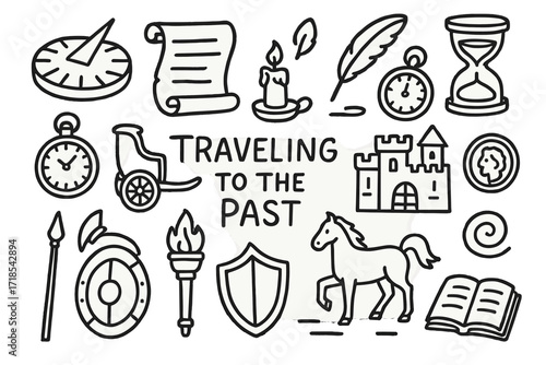 Timeless Travel Symbols. Hand-drawn doodle illustration traveling to the past sundial, old scroll, candle, feather quill, hourglass, pocket watch, chariot,