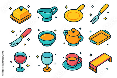 Colorful Tableware Icons. Colorful isometric vector icons set of serving tableware: butter dish, gravy boat, bread plate, appetizer fork, cheese knife, soup