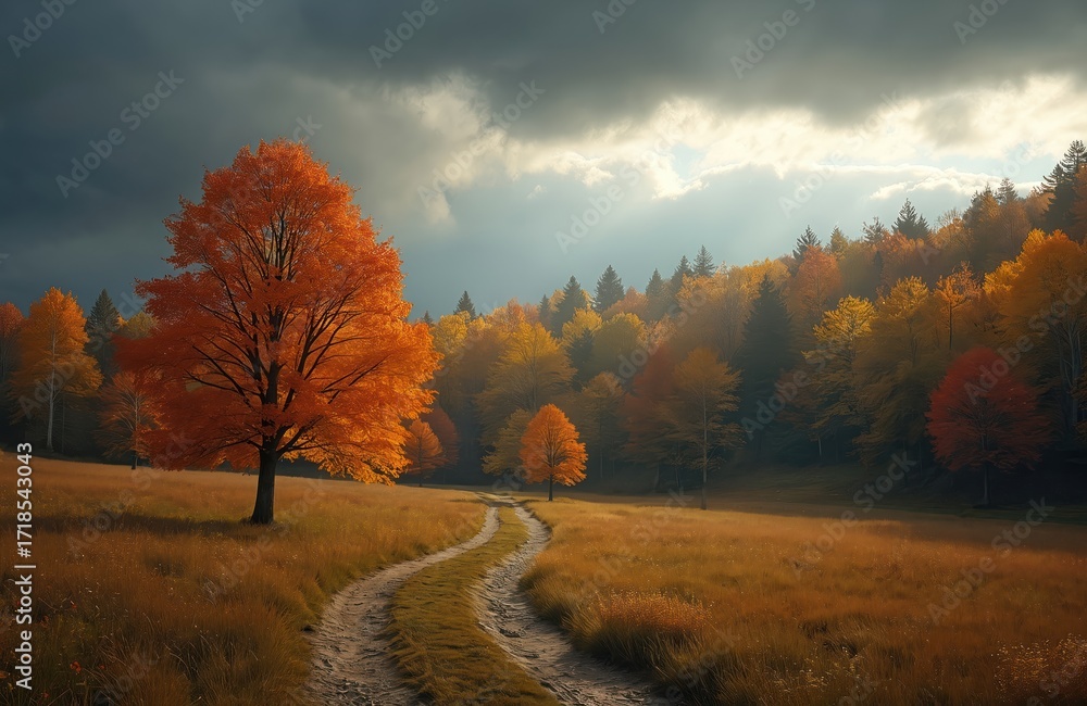Fototapeta premium Scenic autumn landscape featuring winding dirt road through meadow bathed in golden sunlight. Vibrant orange, yellow, red trees cover rolling hills under dramatic cloudy sky. Nature colorful
