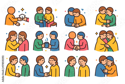 Supportive Icons Set. Colorful isometric vector icons set of quiet support moments: tissue handover, sitting together in silence, head on shoulder, back rub