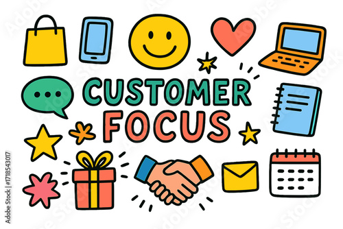 Customer Focus Doodle. Customer Focus. Colorful Hand-drawn doodle Children illustration Customer Focus smiley face, chat bubble, heart, shopping bag, phone,