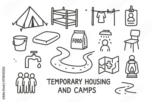 Temporary Camp Icons. Hand-drawn doodle illustration [temporary housing and camps] [tent, bunk bed, mattress, bucket, clothesline, food packet, ID badge,