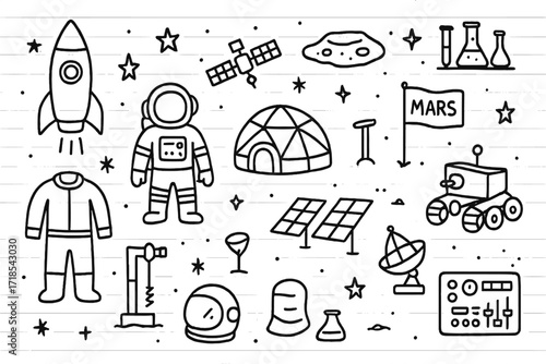 Mars Mission Doodle. Mars mission. Hand-drawn doodle illustration mars mission rocket, astronaut, rover, habitat dome, solar panels, drill, control panel,