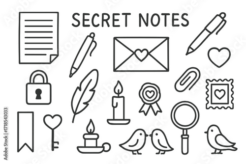 Secret Love Doodles. Hand-drawn doodle illustration [Secret notes] [paper, pen, envelope, lock, key, heart, wax seal, ribbon, bookmark, quill, candle, stamp,