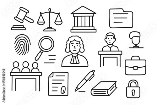 Courtroom Doodle Icons. Hand-drawn doodle illustration evidence being presented in court gavel, scales of justice, courthouse, file folder, fingerprint,