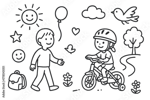 Kids Cycling Adventure. Hand-drawn doodle illustration Kids learning to cycle [small bicycle, training wheels, helmet, star, heart, smiley face, tree, sun,