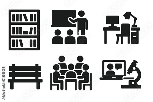 Study Icons Grid. Solid, filled icon set of study places: library, classroom, home desk, cafe, park bench, study group, online session, lab. Solid, filled