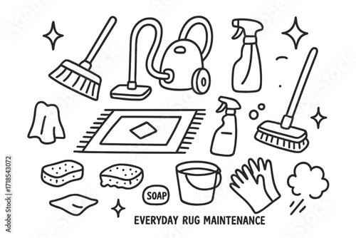 Rug Care Doodles. Hand-drawn doodle illustration Everyday rug maintenance rug, carpet, broom, vacuum cleaner, spray bottle, mop, brush, sponge, bucket, soap,