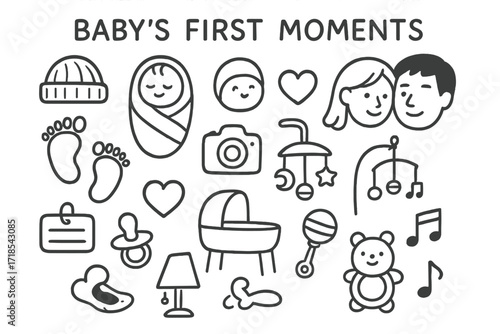 Baby's First Moments. Hand-drawn doodle illustration Baby?s first moments [hospital cap, baby blanket, parents? faces, heart icon, footprint, camera, love
