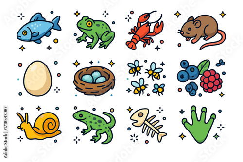 Mink Food Icons. Colorful isometric vector icons set of mink food and diet: fish, frog, crayfish, small rodent, duck egg, bird nest, insect swarm, berries,