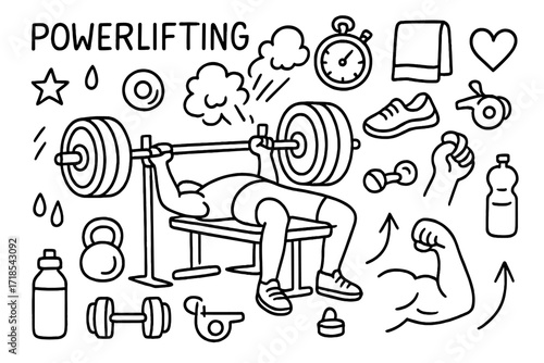 Powerlifting Doodle Icons. Hand-drawn doodle illustration Powerlifting bench press barbell, weight plates, chalk cloud, stopwatch, towel, sneakers, whistle,