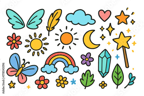 Whimsical Fairy Doodles. Light and air. Colorful Hand-drawn doodle Children illustration fairy wings, feather, cloud, sparkle, star, heart, sun, moon, rainbow,