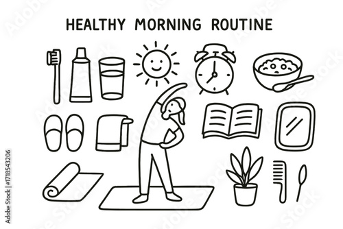 Healthy Morning Essentials. Healthy morning routine. Hand-drawn doodle illustration healthy morning routine toothbrush, toothpaste, glass of water, stretching