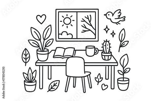 Nature-Inspired Desk Doodles. Hand-drawn doodle illustration Nature inspired desk [plant, flower pot, cactus, leaf, tree branch, sunlight, window, chair,
