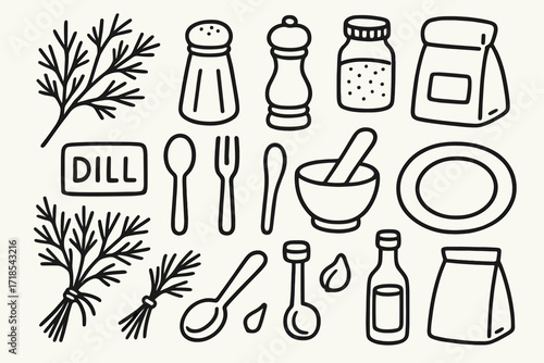 Dill Seasoning Doodle Icons. Hand-drawn doodle illustration dill seasoning dill sprig, salt shaker, pepper grinder, spice jar, spoon, fork, plate, herb bunch,