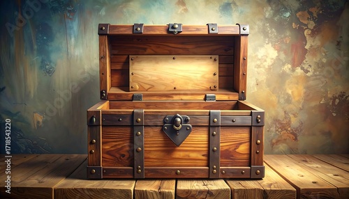 Open antique wooden chest on rustic table