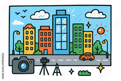 Cartoon City Panorama. Colorful Hand-drawn doodle Children illustration City panorama skyline, high-rise buildings, wide lens, camera button, street lights,