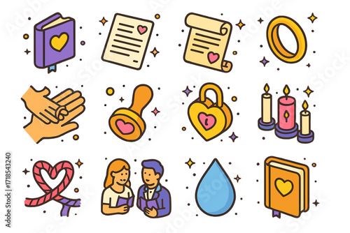 Wedding Vow Icons. Colorful isometric vector icons set of wedding vows: vow book, handwritten letter, vow scroll, wedding ring, vow exchange hands, heart seal