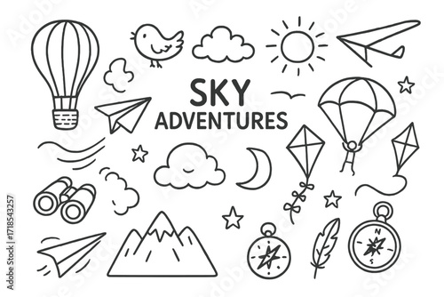 Sky Exploration Icons. Hand-drawn doodle illustration [Sky adventures] [hot air balloon, bird, cloud, sun, paper plane, parachute, glider, kite, stars,
