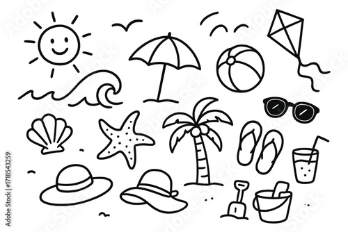 Beachside Doodle Delights. Hand-drawn doodle illustration enjoying the beach sun, wave, seashell, starfish, umbrella, palm tree, flip flops, hat, drink glass,
