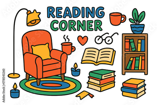 Cozy Reading Nook. Reading corner. Colorful Hand-drawn doodle Children illustration chair, bookshelf, lamp, stack of books, open book, tea cup, pillow, star,
