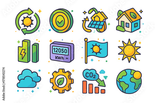 Solar Energy Icons. Colorful isometric vector icons set of solar energy benefits: renewable energy symbol, zero emissions badge, cost savings icon,