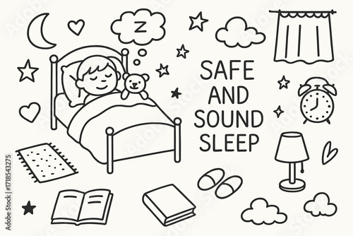 Cozy Bedtime Doodles. Hand-drawn doodle illustration Safe and sound sleep [child in bed, pillow, blanket, teddy bear, heart, moon, stars, cloud,