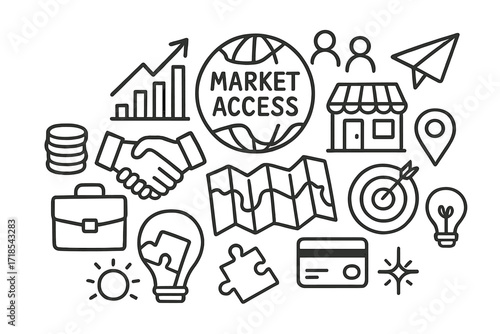 Market Access Doodle Icons. Hand-drawn doodle illustration Market access globe, handshake, arrow upward, bar chart, coins, briefcase, store, people icons,