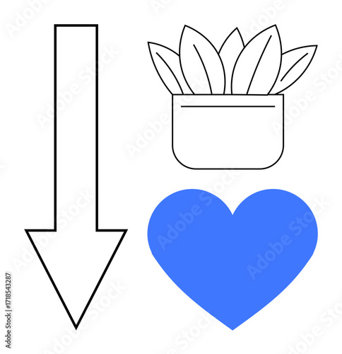 Downward black arrow, potted plant leaves in a white pot, and a blue heart. Ideal for sustainability, growth, balance, guidance, care nature minimalism. Simple flat metaphor