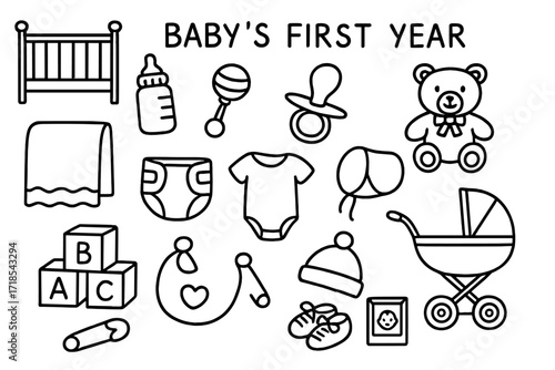 Baby's First Year Essentials. Hand-drawn doodle illustration Baby?s First Year [crib, baby bottle, rattle, teddy bear, pacifier, blanket, diaper, onesie,