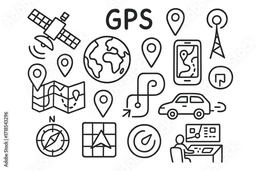 GPS Navigation Doodle. Hand-drawn doodle illustration [global positioning systems (GPS)] [GPS satellite, Earth, signal beams, GPS icon, map pin, route path,