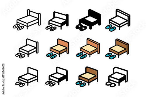 Colorful Slippers Logo Grid. Set Logo of Slippers by the Bedside: Open-Toe Slippers Beside Bed Frame. Logo set in vector style, emblematic variations. line,