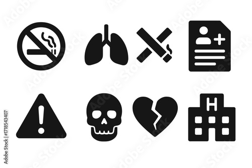 Cigar Health Warning Icons. Solid, filled icon set of cigar smoking health warnings: no smoking sign, lungs, crossed cigarette, health report, caution sign,
