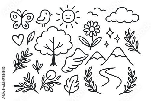 Elysian Doodle Icons. Hand-drawn doodle illustration Spirit meadow of Elysium [butterfly, bird, tree, flower, leaf, sun, cloud, star, sparkle, heart, laurel