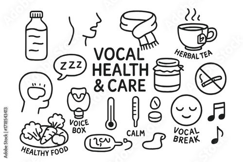 Vocal Care Essentials. Hand-drawn doodle illustration vocal health and care water bottle, throat, scarf, herbal tea cup, honey jar, rest icon, no smoking sign,