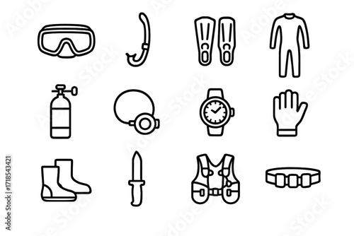 Scuba Gear Icons. Scuba gear. Line icon set of scuba gear: mask, snorkel, fins, wetsuit, scuba tank, regulator, dive watch, gloves, boots, dive knife, buoyancy