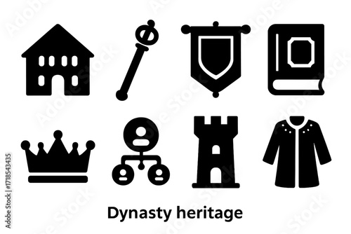 Dynasty Heritage Icons. Solid, filled icon set of dynasty heritage: ancestral home, royal scepter, heraldic banner, ancient book, crown, family tree, castle