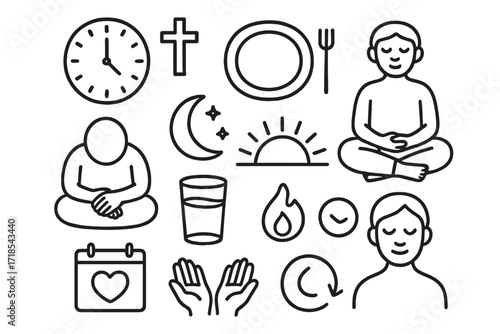 Fasting Symbols Doodle. Hand-drawn doodle illustration fasting and devotion clock with cross, empty plate, hands in lap, moon, sunrise, cup of water, spiritual