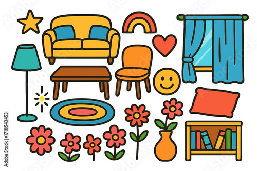 Doodle Interior Elements. Colorful Hand-drawn doodle Children illustration Interior Design Basics [sofa, chair, table, lamp, rug, vase, curtain, cushion,