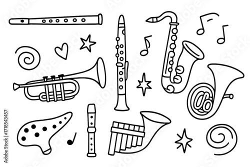 Wind Instruments Doodle. Hand-drawn doodle illustration Wind instruments collection [flute, clarinet, saxophone, trumpet, trombone, horn, tuba, ocarina,