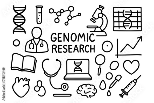 Genomic Research Doodle Icons. Hand-drawn doodle illustration Genomic research [DNA helix, test tube, microscope, genome map, chart, molecule, doctor