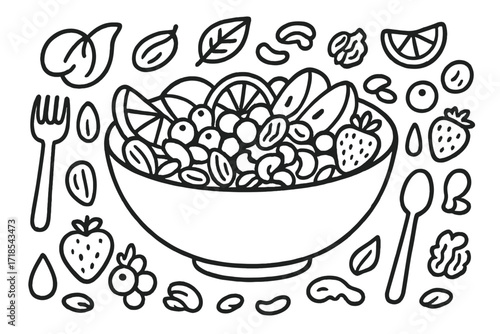Fruit and Nuts Doodle. Hand-drawn doodle illustration fruit salad with nuts salad bowl, apple slices, orange wedges, banana slices, grapes, strawberries,