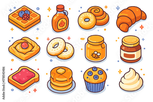 Sweet Breakfast Icons. Colorful isometric vector icons set of sweet breakfast treats: waffles with berries, maple syrup bottle, cinnamon rolls, chocolate